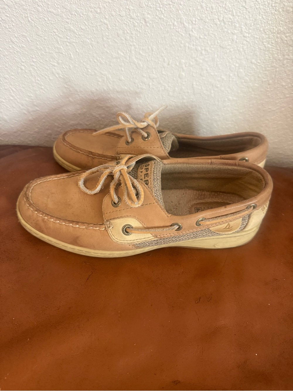 Sperry Light Brown Leather Boat Shoes with Cream Accents